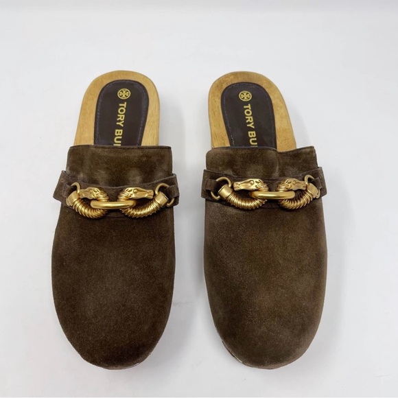 Tory Burch Womens 8 Brown Jessa Suede Horse Bit Clogs Cold Brew Leather Platform - Picture 3 of 9